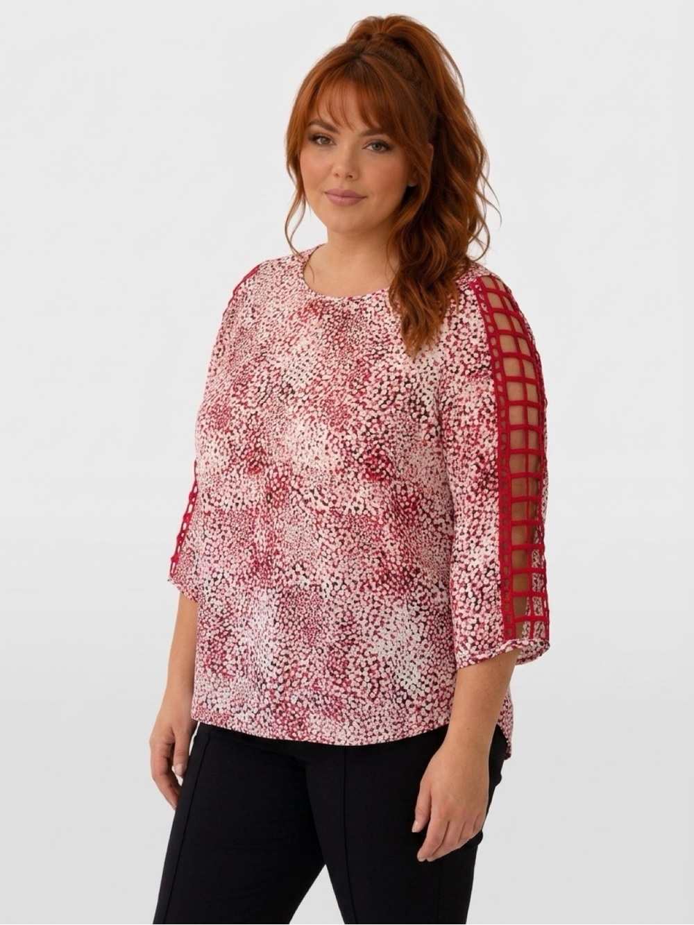 Olivia & Martin Blouse Pink White Black Floral Print Lattice Cut Sleeves NWT L